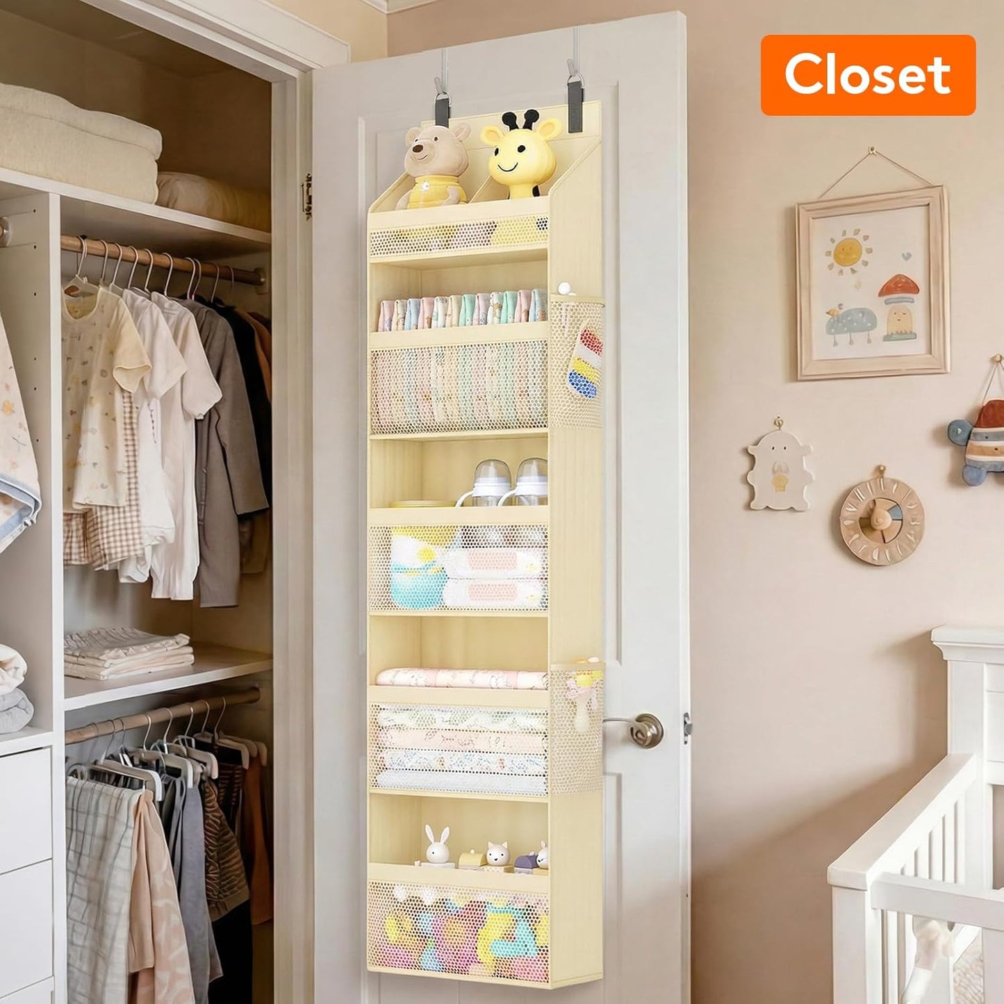Lifewit 4 Tier Over the Door Diaper Organizer for Nursery, Large Heavy Duty Hanging Storage with 4 Mesh Side Pockets, Sturdy Back of Door Shelf for Baby Stuff Toy in Pantry, Laundry, Bathroom, Gray