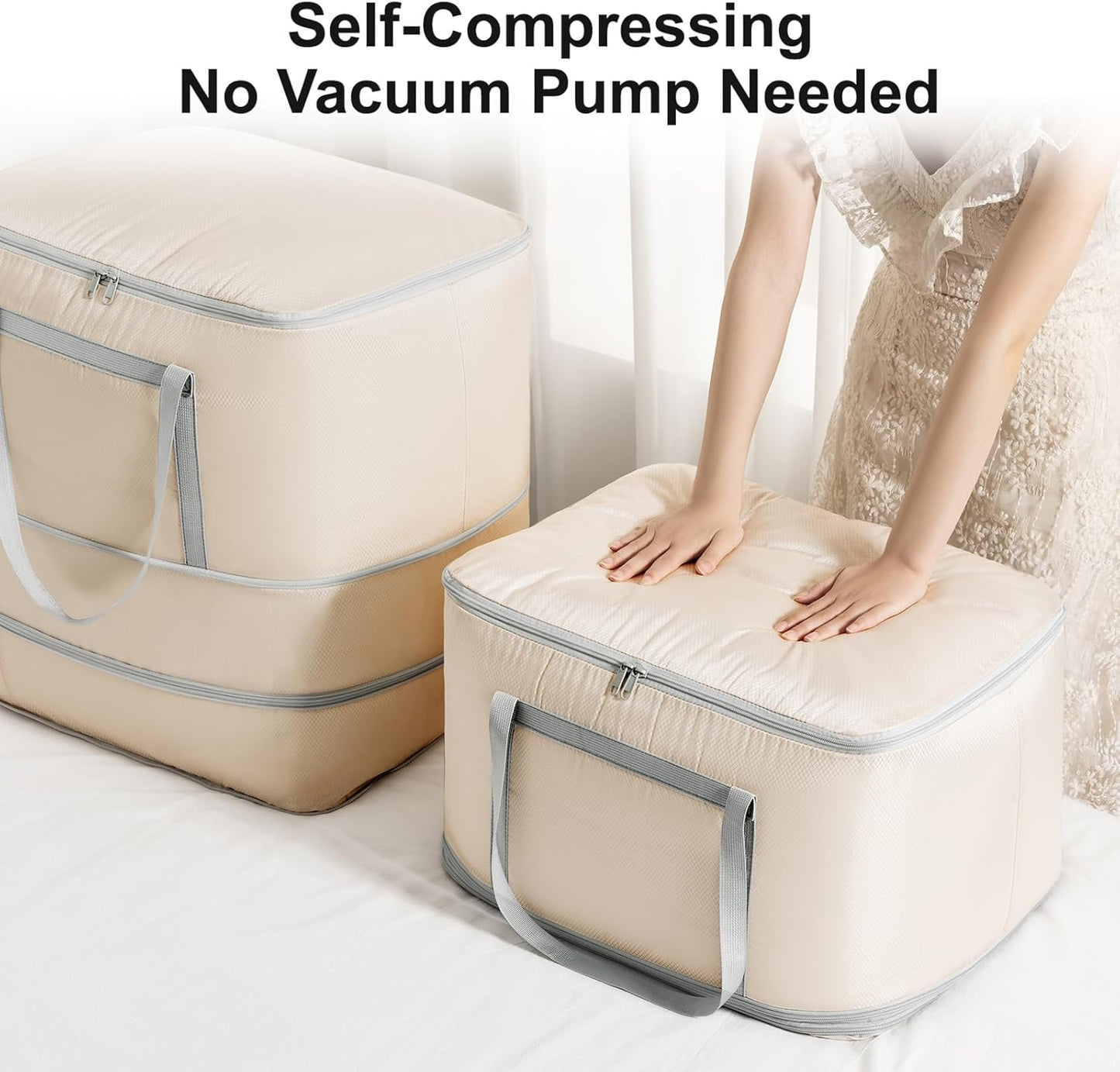 Comforter Storage Bag - 130L Large Capacity Blanket Storage Bags 4-Layer Ultra Space Saving Self Compression Organizer, Washable Compression Bags for Storage Comforter Blanket, 2-Pack, Beige