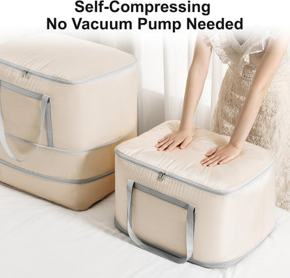 Comforter Storage Bag - 130L Large Capacity Blanket Storage Bags 4-Layer Ultra Space Saving Self Compression Organizer, Washable Compression Bags for Storage Comforter Blanket, 2-Pack, Beige