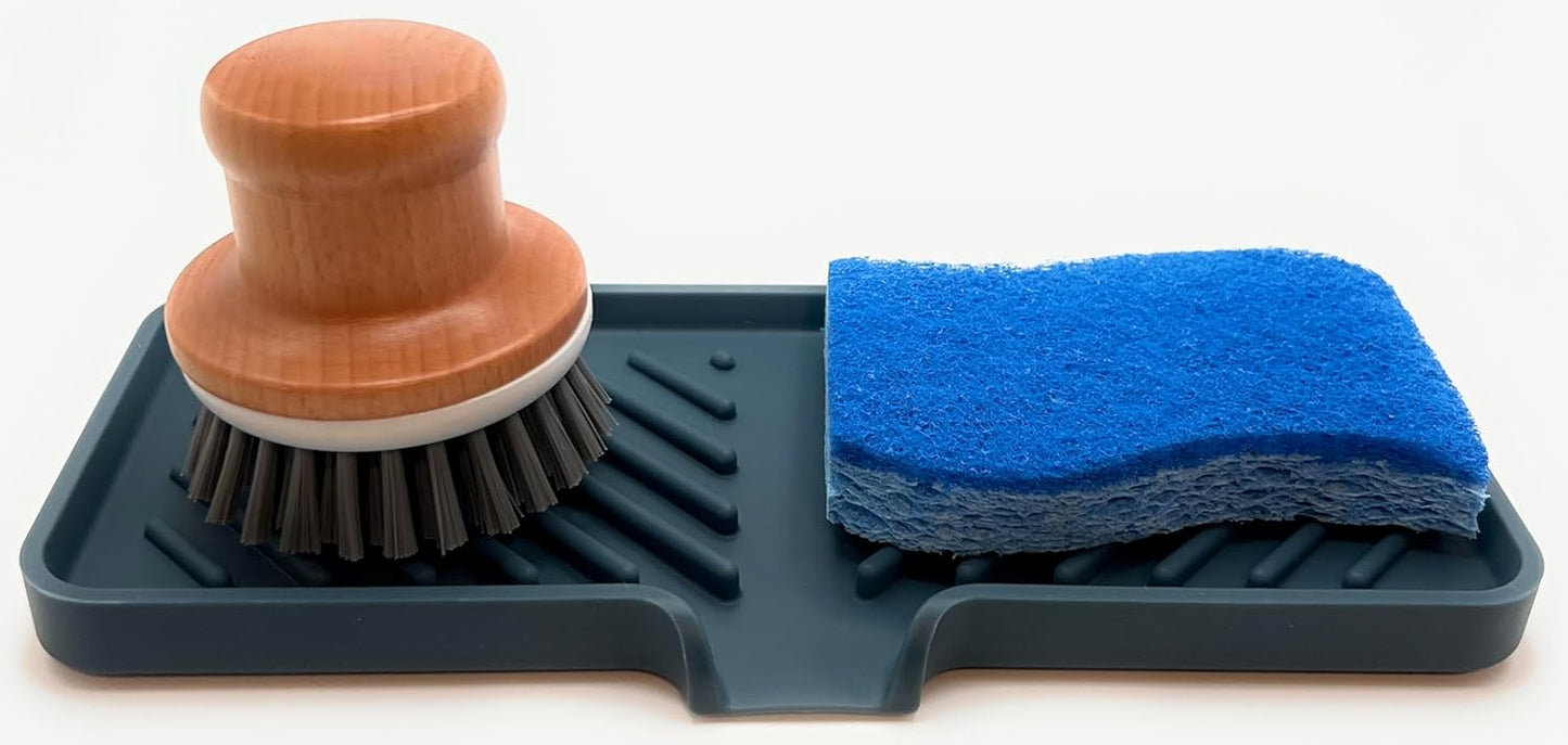 Silicone Soap Dish Tray and Sponge Holder with Drain Chute and Feet | 3-Way Sloped Design | Bathroom and Kitchen Sink Organizer Caddy (Black, 10"x4", 7.8 Ounces)