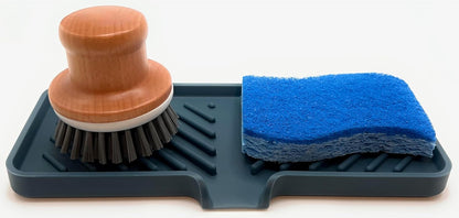 Silicone Soap Dish Tray and Sponge Holder with Drain Chute and Feet | 3-Way Sloped Design | Bathroom and Kitchen Sink Organizer Caddy (Black, 10"x4", 7.8 Ounces)