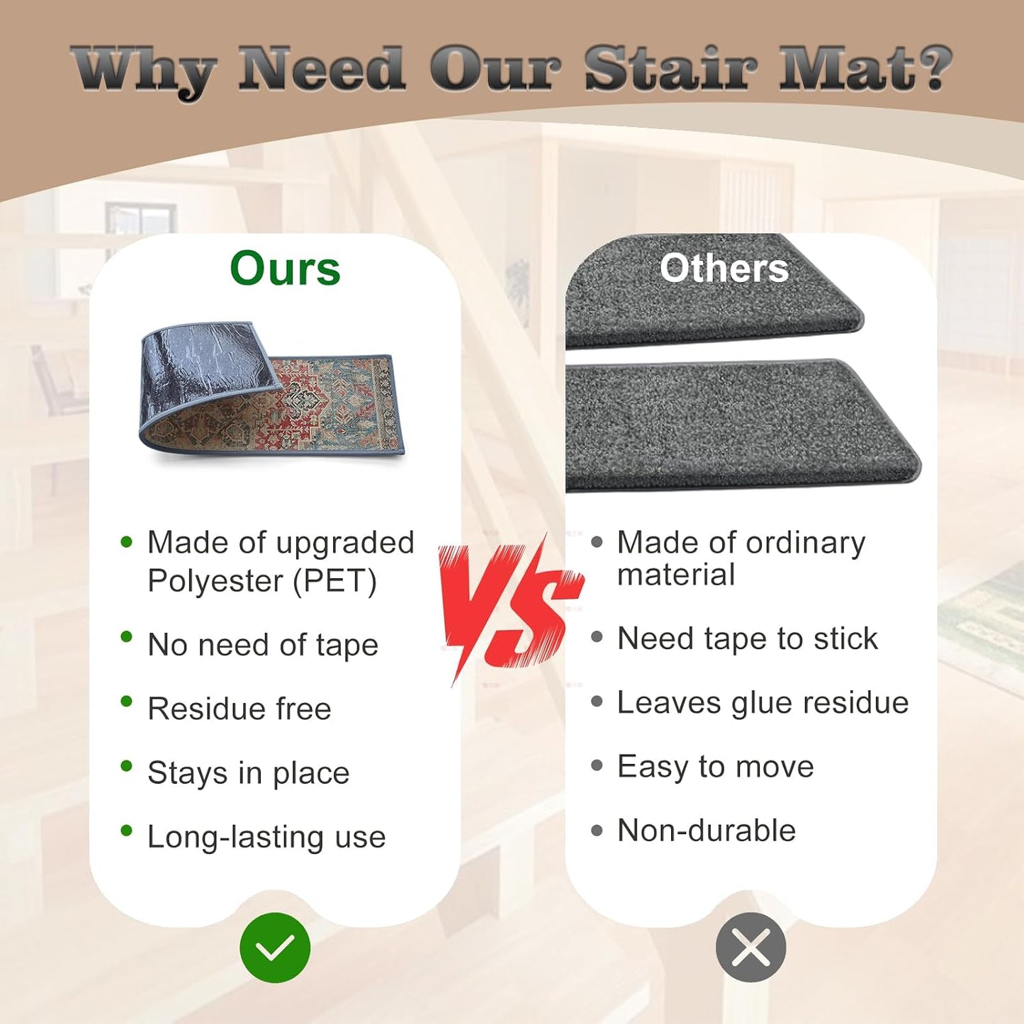 Non Slip Stair Treads for Wooden Steps, 15 Pack 8"x30" Washable Carpet | 8x30 in soft chenille polyester stair treads with reusable TPE backing for indoor wood stairs, dogs, kids, and seniors