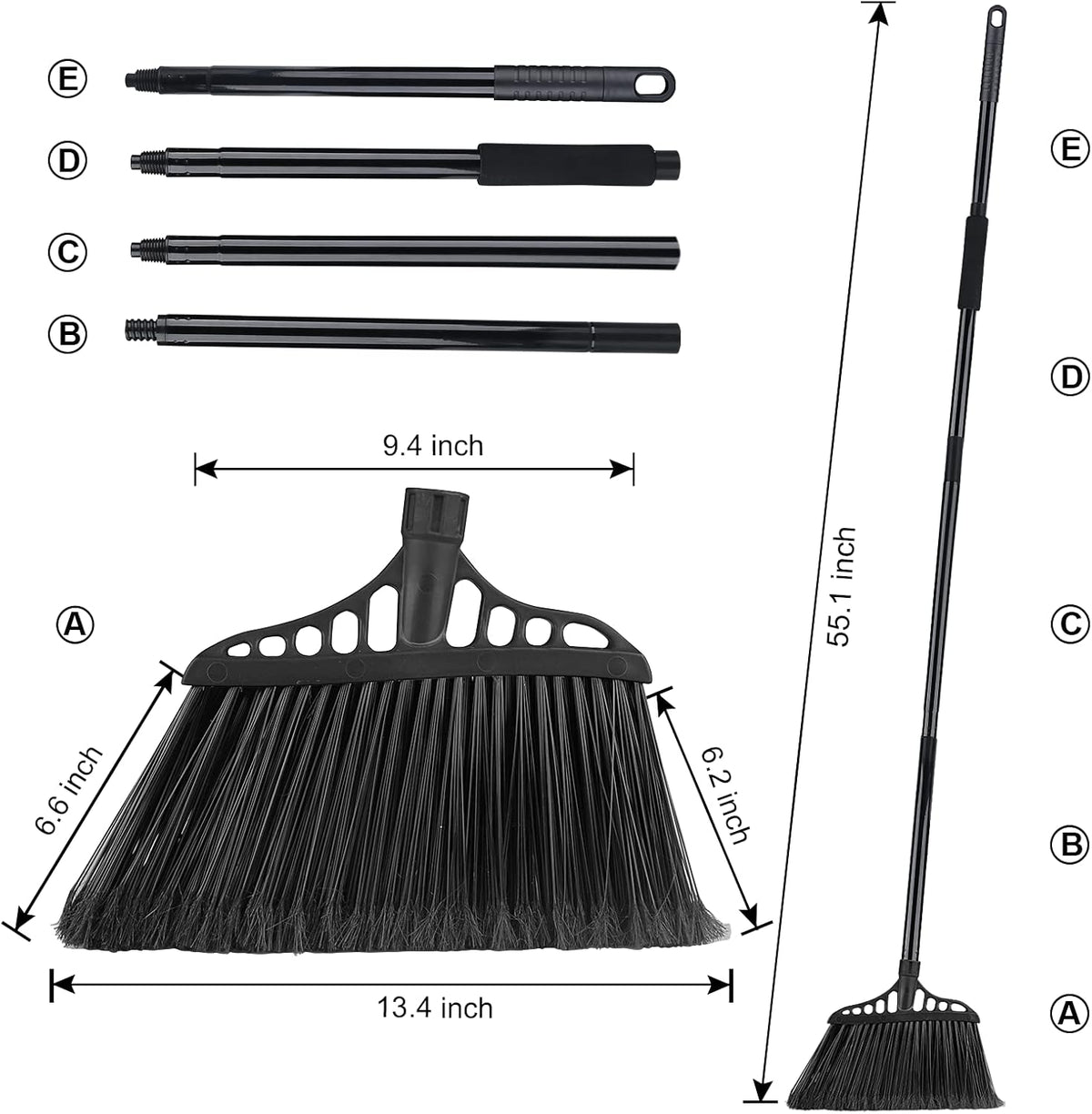 Tiumso Heavy Duty Angle Broom - 55" Adjustable Iron Handle with Stiff Bristles - Commercial-Grade Indoor/Outdoor Broom for Garage, Patio, Kitchen, Sidewalk & Concrete Cleaning (Black & Red)