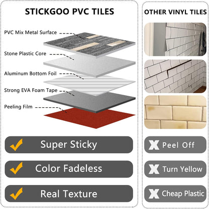 STICKGOO 20 Sheets Peel and Stick Backsplash Tile, Stick on Backsplash for Kitchen and Bathroom, White Sandstone Look PVC Mixed Metal Gold Self Adhesive Wall Tiles