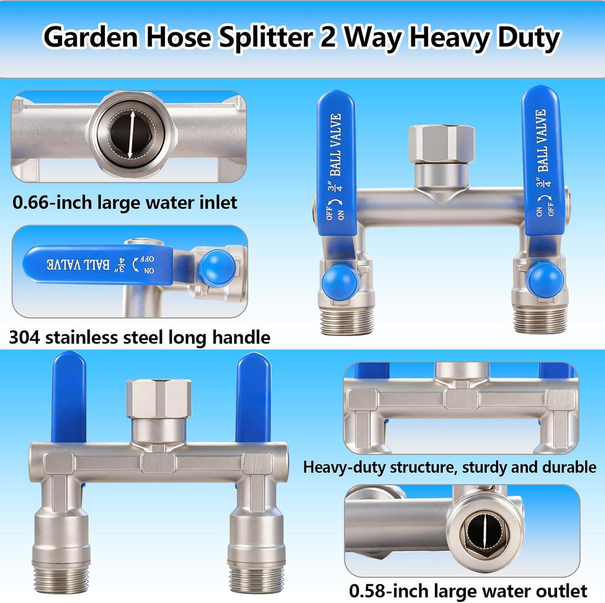 304 Stainless Steel Garden Hose Splitter 2 Way Heavy Duty, Full Flow Hose Splitter with Long Handle,Lead-free T Valve Rust and Freeze Resistant,3/4" GHT Threads