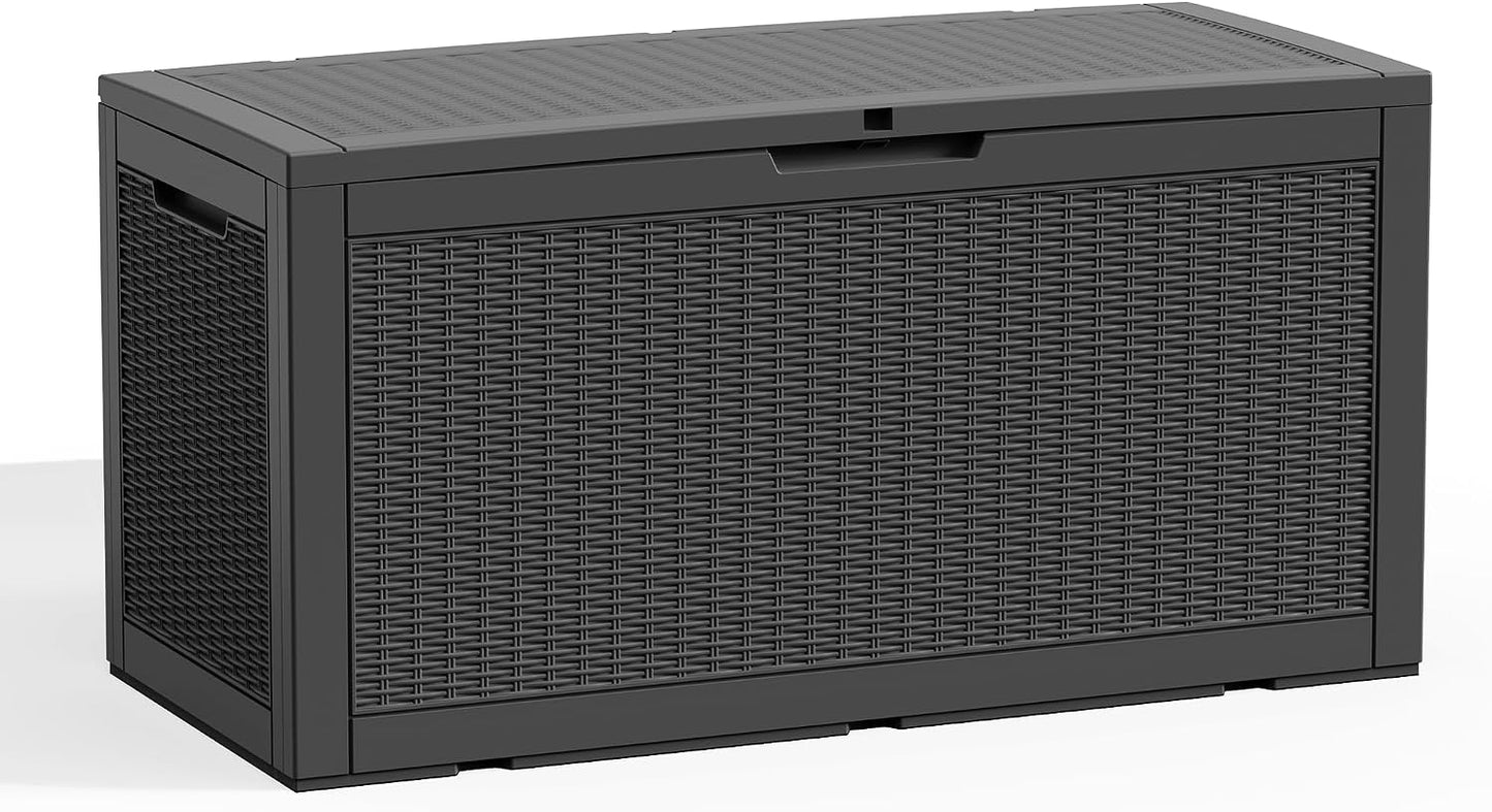 ROJIK 120 Gallon Waterproof Outdoor Deck Storage Box, Lockable Resin Patio Storage Bin with Lid for Garden Tools, Patio Cushions & Outdoor Accessories(Black)