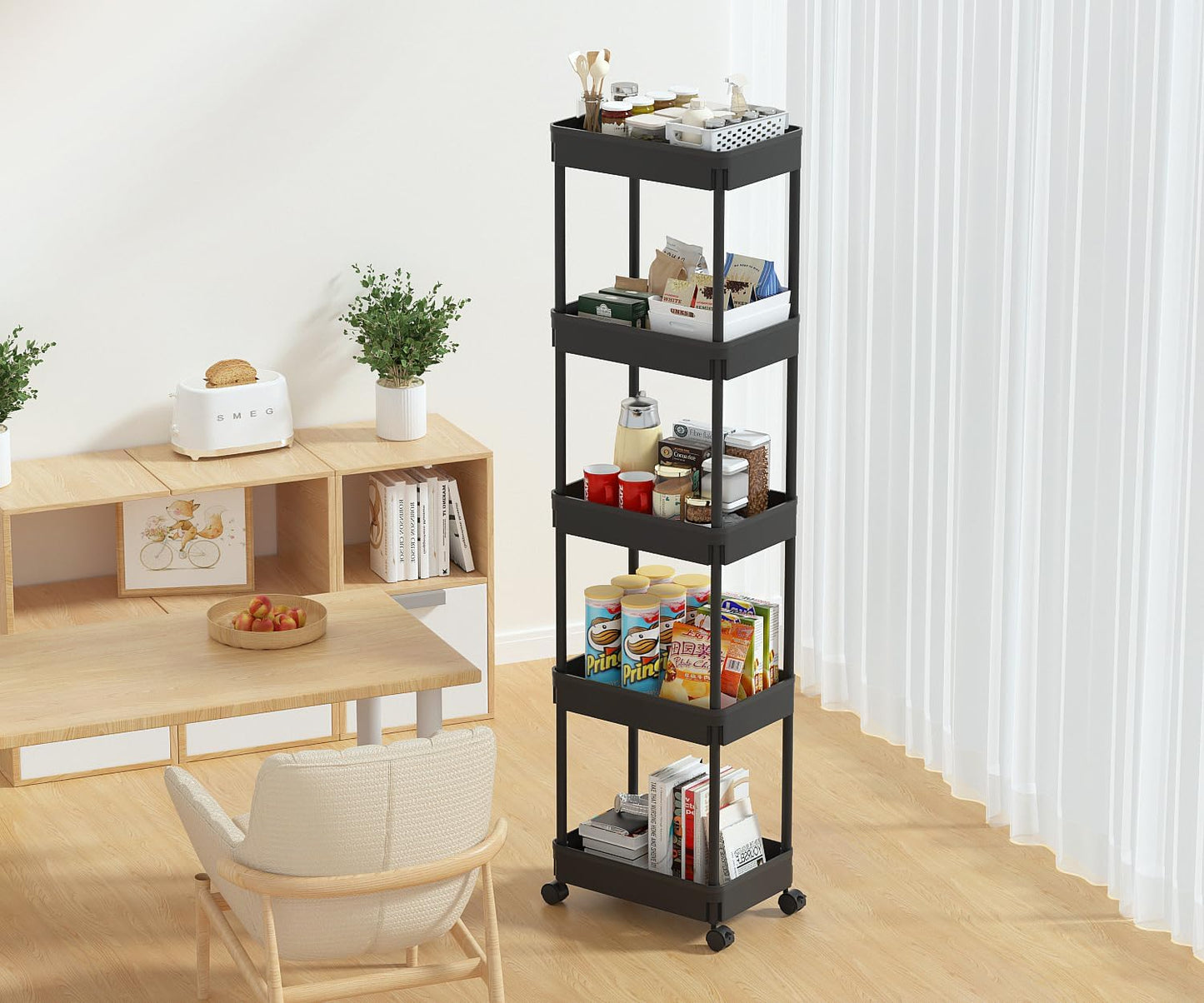 Sooyee 3 Tier Rolling Cart with Wheels, Slim Storage Cart, Under Desk Narrow Rolling Utility Cart Storage Organizer for Office Bathroom Kitchen Laundry Room Narrow Places, White, Plastic and Metal