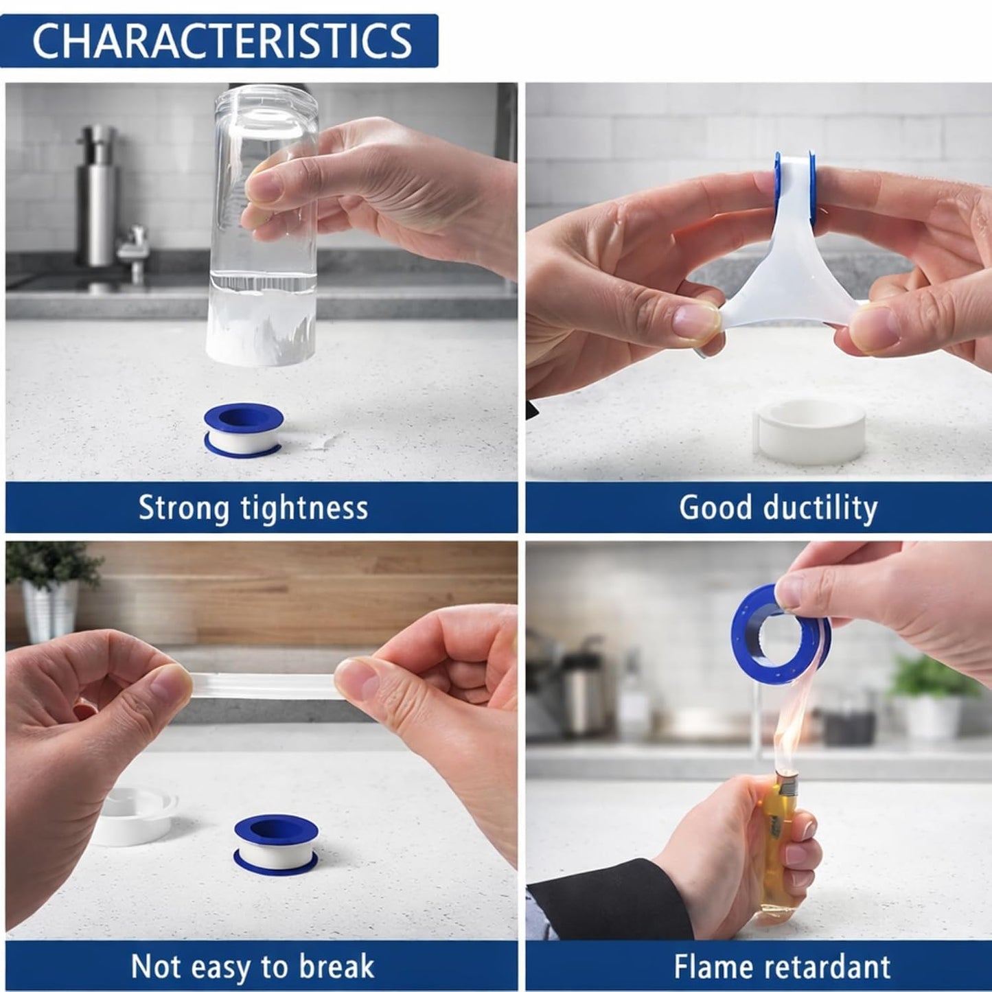 PTFE Teflon Thread Seal Tape, 4 Rolls, 1/2 Inch x 520 Inches, Plumbing Thread Sealing Tape for Shower Heads, Water Pipe Sealing, Leak-Proof Pipe Fittings
