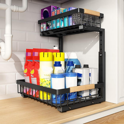 PXRACK Under Sink Organizer, Adjustable Height, 2 Tier Pull Out Under Cabinet Organizer, Slide Out Thickened Metal Under Sink Storage for Kitchen Bathroom Laundry Pantry Cabinet, White, Large-1-Pack