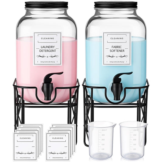 FillTouch 2 Pack 1 Gallon/128 oz Glass Laundry Detergent Dispenser, 3.8 L Liquid Soap Dispenser with Stand, Measuring Cup and Label, Fabric Softener, Liquid Bleach Container, Laundry Room Organization