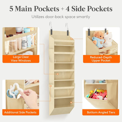 Lifewit 1 Pack Over the Door Organizer, 5 Section Clear Window Hanging Storage with 4 Side Pockets, Sturdy Anti Tilt 40 lbs Load Behind Door for Closet, Bedroom, Bathroom, Nursery, Dorm, Dark Gray