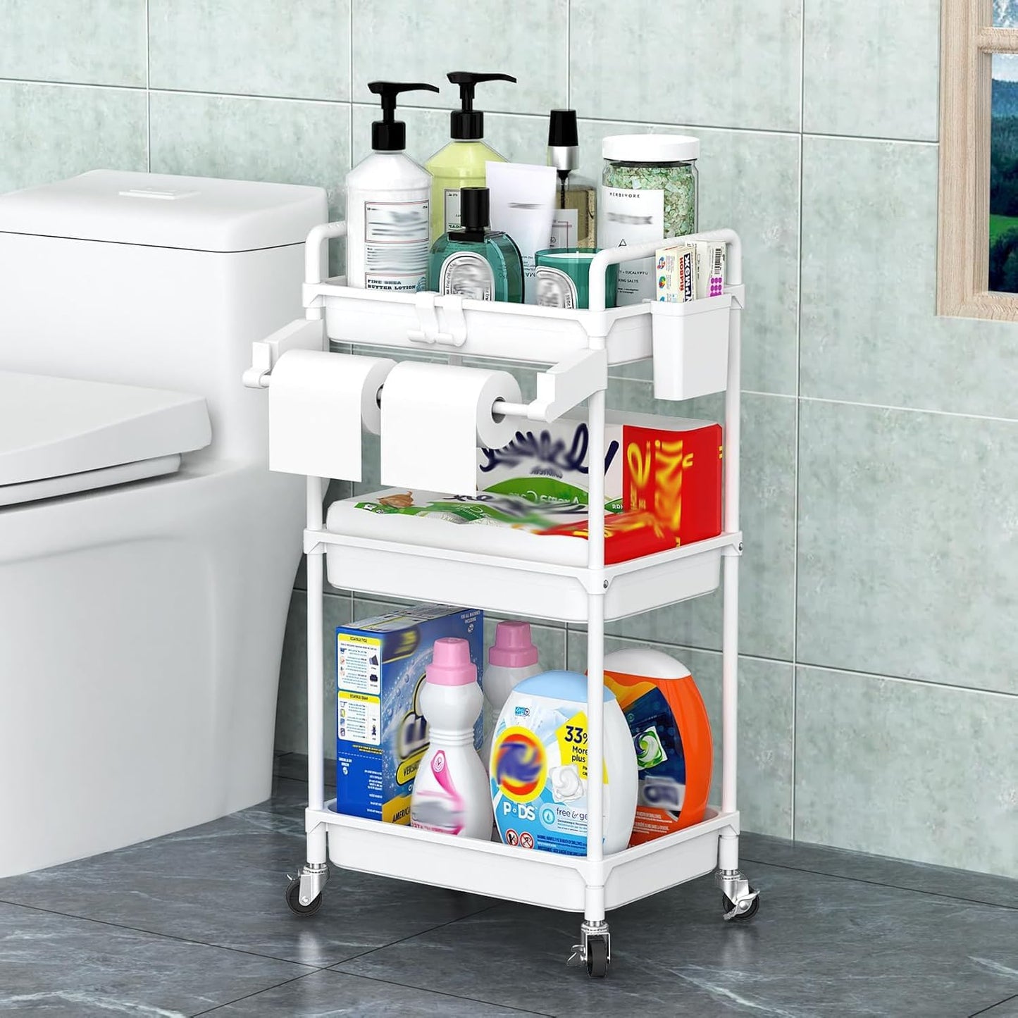 SPACEKEEPER Rolling Storage Cart, 4-Tier Bathroom Organizer Utility Cart Laundry Room Organization Mobile Shelving Unit with Towel Rack, Lockable Wheel, Hooks & Cup for Kitchen Bedroom Office, White