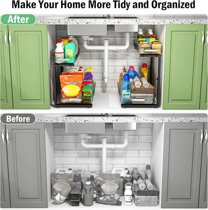 ARSTPEOE 2 Pack Double Sliding Under Sink Organizers and Storage,Two Tier Bathroom Storage and organization,Under Cabinet Organizer, Clear