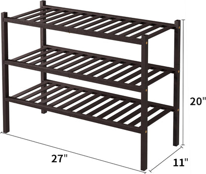ROMGUAR CRAFT 3 Tier Bamboo Shoe Rack for Closet Free Standing Wood Shoe Shelf Storage Organizer for Entryway Small Space Stackable 27"x11"x20" (Natural)