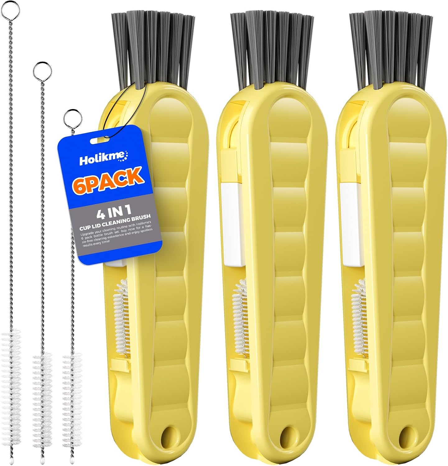 6 Pack Holikme 4 in 1 Cup Lid Cleaning Brush Set with 3 Straws, Multifunctional Bottle Brush, Silicone Cup Lid Gap Cleaner, Bristle Crevice Cleaning Brush, Flat End Brushes, Navy & Black & Olive