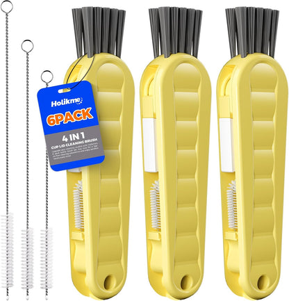 6 Pack Holikme 4 in 1 Cup Lid Cleaning Brush Set with 3 Straws, Multifunctional Bottle Brush, Silicone Cup Lid Gap Cleaner, Bristle Crevice Cleaning Brush, Flat End Brushes, Navy & Black & Olive