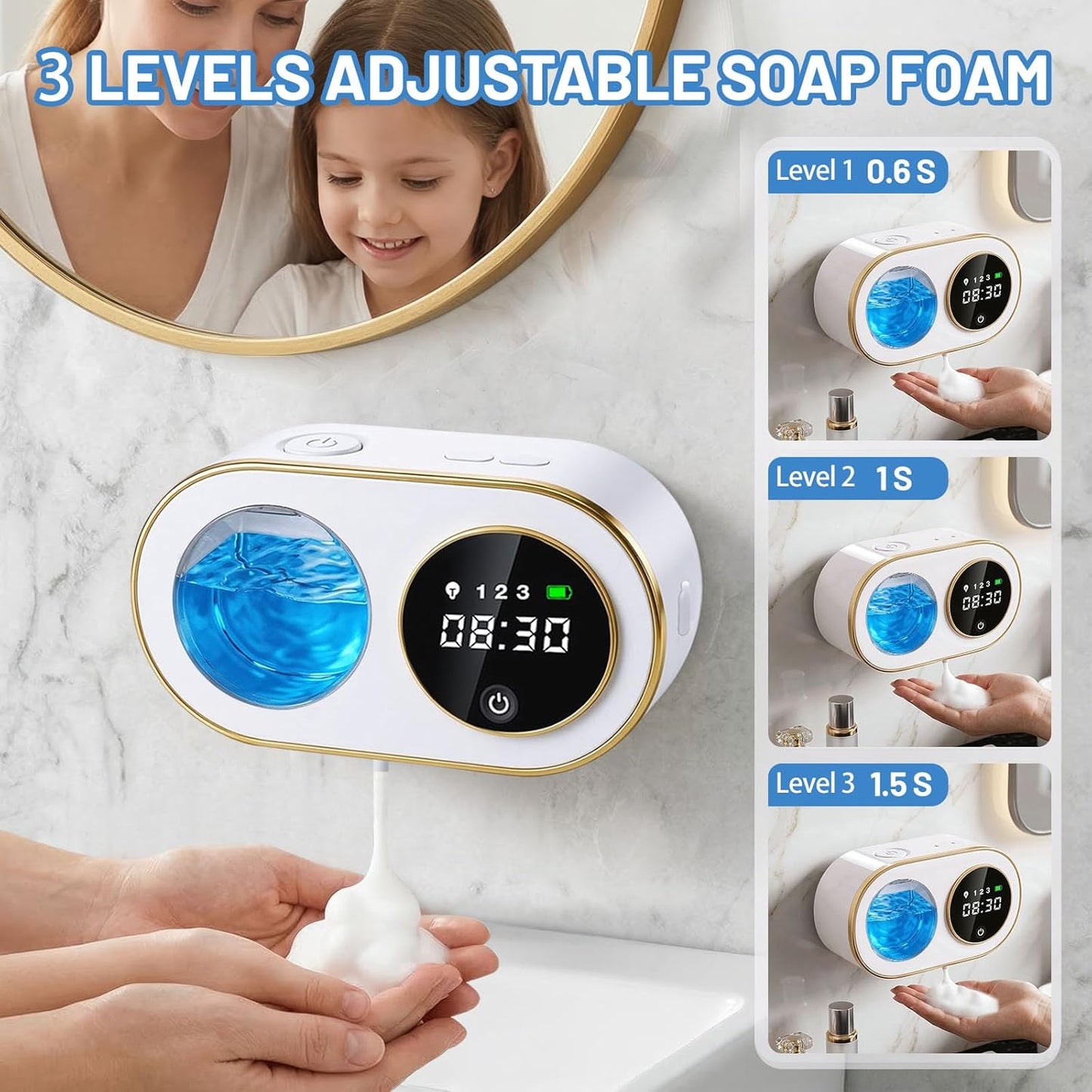 Automatic Soap Dispenser, 320ML Touchless Smart Hand Soap Dispenser, 3 Adjustable Soap Levels, Rechargeable Wall Mounted Electric Foam Soap Dispenser for Bathroom Kitchen Office (White - T1)