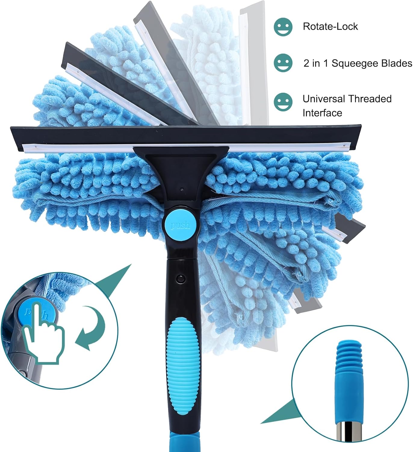 20+ Feet Reach Blue 2 in 1 Window Washing Squeegee & Duster with 3-14 ft Spliceable Extension Pole // Window Cleaning Tool & Window Washer Squeegee for Home Indoor Outdoor Window Washing
