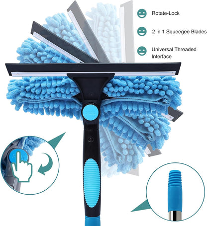 20+ Feet Reach Blue 2 in 1 Window Washing Squeegee & Duster with 3-14 ft Spliceable Extension Pole // Window Cleaning Tool & Window Washer Squeegee for Home Indoor Outdoor Window Washing