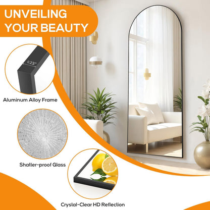 Arched Mirror Full Length, Upgraded 16"x59" Body Wall Mirrors with Shatter-Proof Glass, Floor Standing, Hanging or Leaning, Tall Arch Mirror with Stand Aluminum Alloy Frame for Bedroom, Black