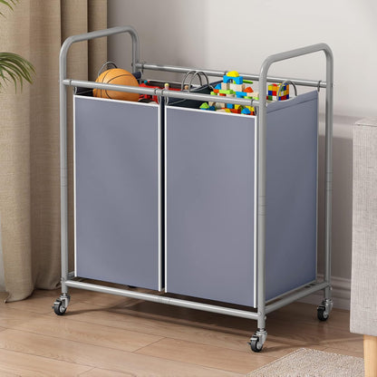 SUOERNUO Laundry Sorter Basket 2 Bag Laundry Hamper Cart with Rolling Lockable Wheels and Removable Bags Laundry Organizer Cart for Clothes Storage, Assorted