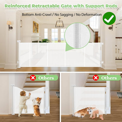 Reinforced 60" Wide Retractable Baby Gates with Upgraded Rods - Bottom Anti-Escape, 5 ft Mesh Baby Gate Retractable Dog Gate Indoor Pet Gate Retractable Stair Gate Outdoor Retractable Gate, Black