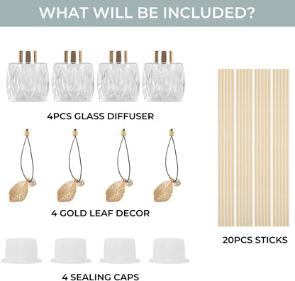 4-Piece Reed Diffuser Set with Metal Golden Decoration, 3.5-4.2oz Empty Bottles and 20 Reed Sticks, Unique Design for Home and Office (4 Different Bottles)