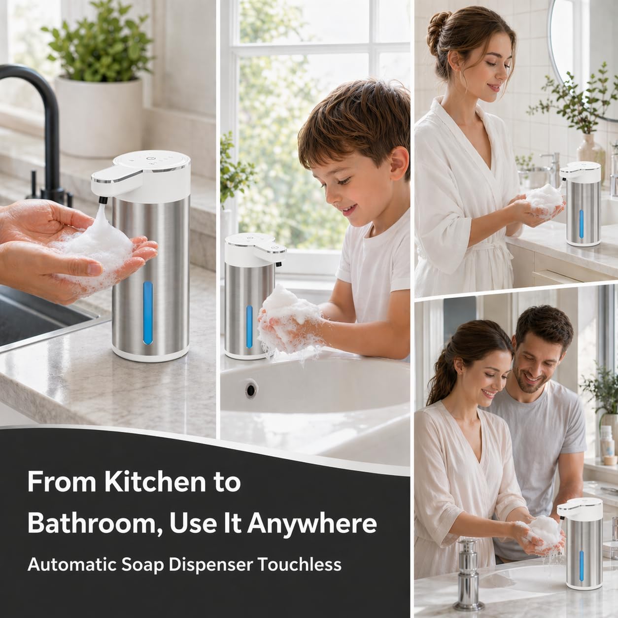 Automatic Foaming Soap Dispenser Touchless, 304 Stainless Steel Hand Soap Dispenser, USB Rechargeable, 4 Adjustable Levels, 13.5 oz (400 ml), for Kitchen & Bathroom (Black, Foam)