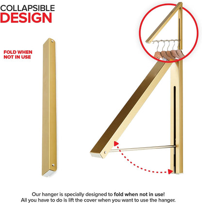 Single Foldable Clothing Rack, Wall-Mounted Retractable Clothes Hanger for Laundry Dryer Room, Hanging Drying Rod, Small Collapsible Folding Garment Racks, Dorm Accessories (Gold)
