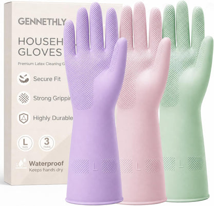3 Pairs Dishwashing Gloves, Reusable Dish Gloves for Household Cleaning, Waterproof Rubber Dish Washing Glove