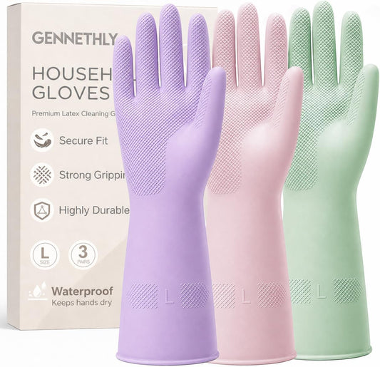 3 Pairs Dishwashing Gloves, Reusable Dish Gloves for Household Cleaning, Waterproof Rubber Dish Washing Glove