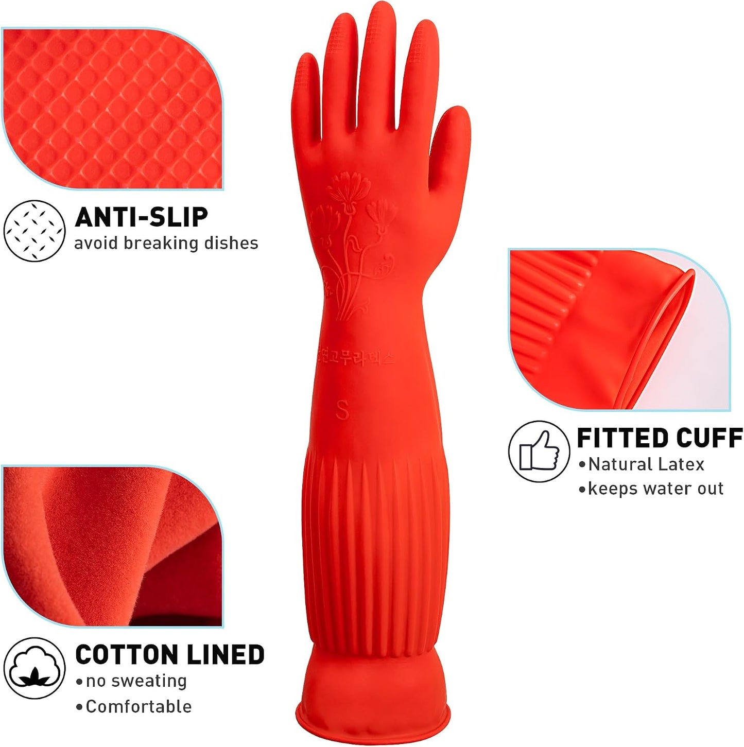 ThxToms Dishwashing Gloves, 2 Pairs Fleece Lined Rubber Dish Gloves for Washing Dishes, Waterproof Reusable Kitchen Cleaning, Long Cuff Anti Slip,Large