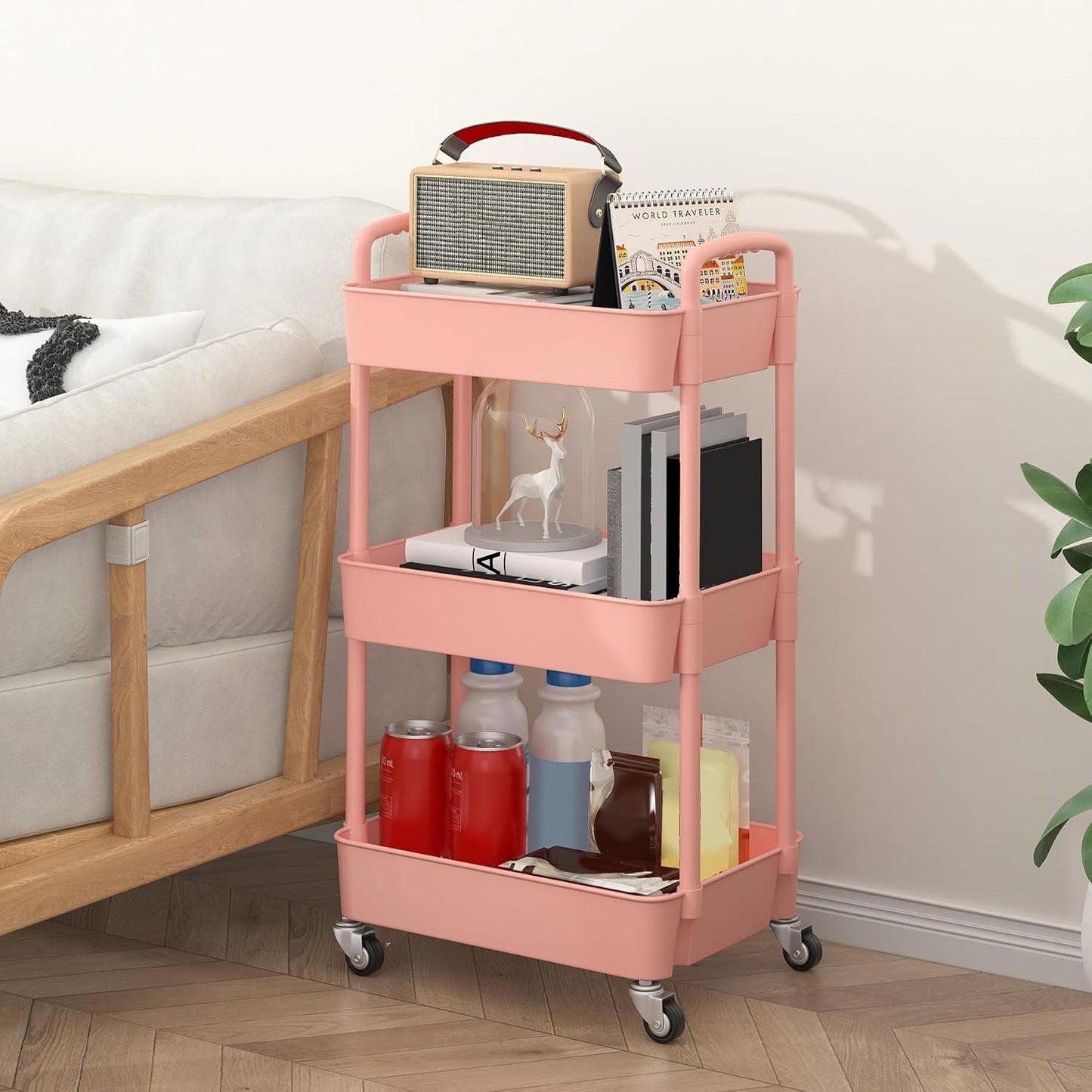 Sywhitta 4-Tier Plastic Rolling Utility Cart with Handle, Multi-Functional Storage Trolley for Office, Living Room, Kitchen, Movable Storage Organizer with Wheels, Black