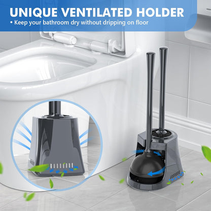 LOVLOY Toilet Plunger and Brush with Holder, Bowl Brush and Heavy Duty Toilet Plunger Set with Ventilated Holder, 2-in-1 Toilet Brush and Plunger Combo for 5.3-inch Toilet Drain New Pack (White, 1)