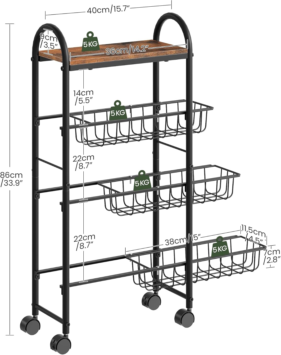 CHOEZON Slim Storage Cart, Storage Shelf on Wheels, Storage Rack with Pull-Out Baskets, Movable Cart with Handles, for Kitchen, Laundry Room, Living Room, Black and Rustic Brown TTC05BF
