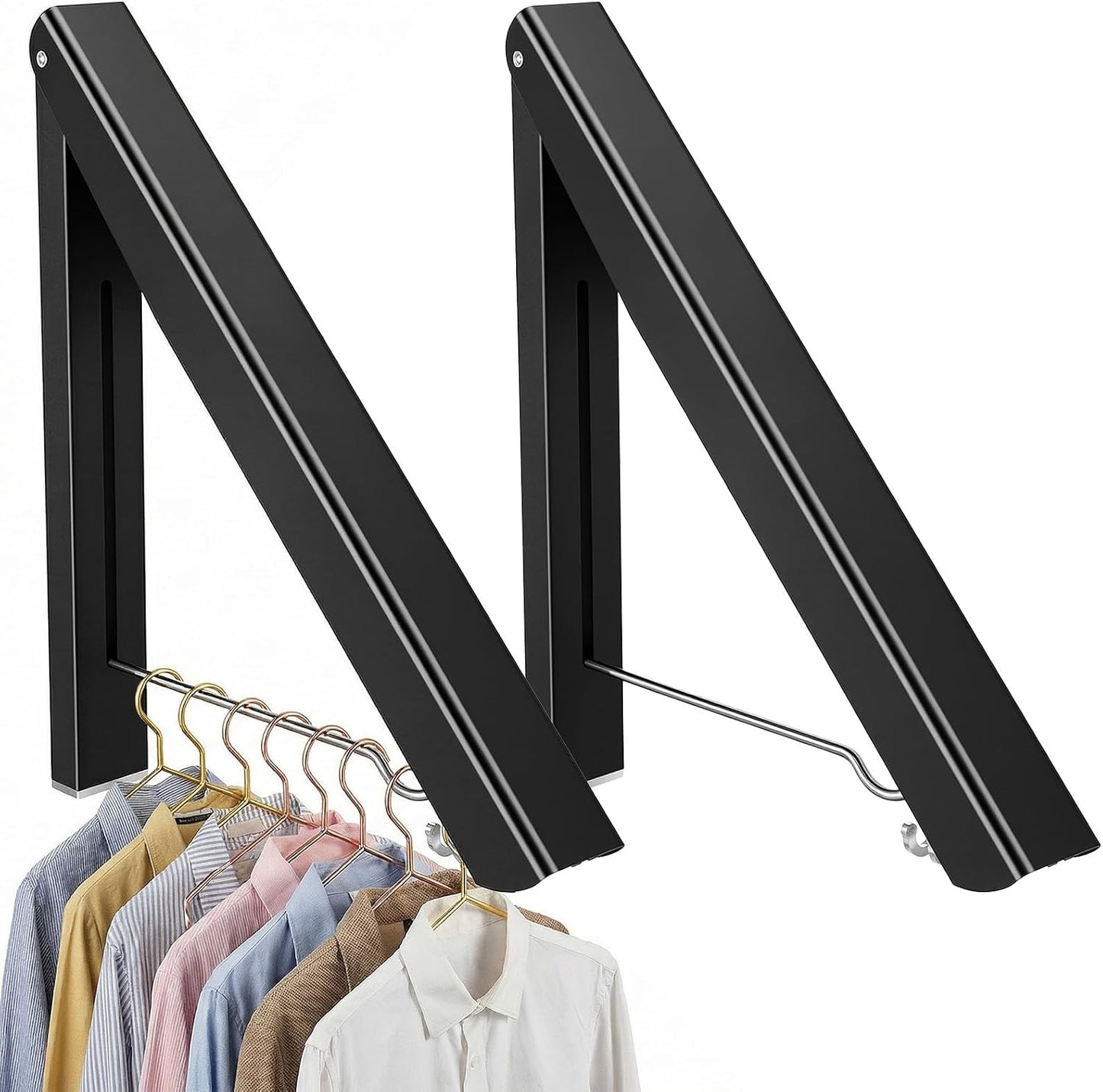 2 Pack Clothes Drying Rack, Wall Mounted Retractable Laundry Rack, 60LBS Heavy Duty Aluminum Foldable Clothes Hanger for Laundry Room, Bathroom, RV, Indoor & Outdoor Use, Drill-Free Installation