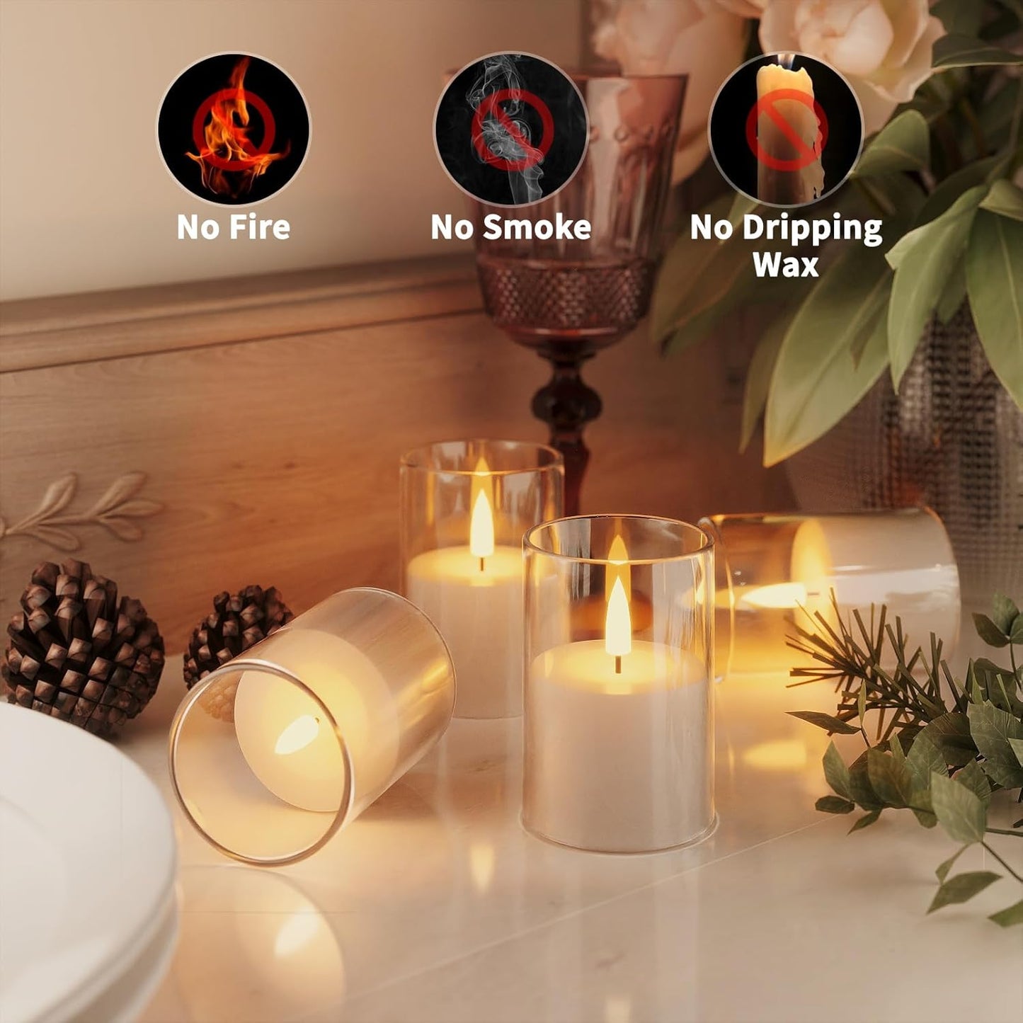 VIODAIM 12Pack Flickering Flameless LED Candles with Remote & Timer, Battery Powered - Small Pillar & Votive, Clear (2"X3")