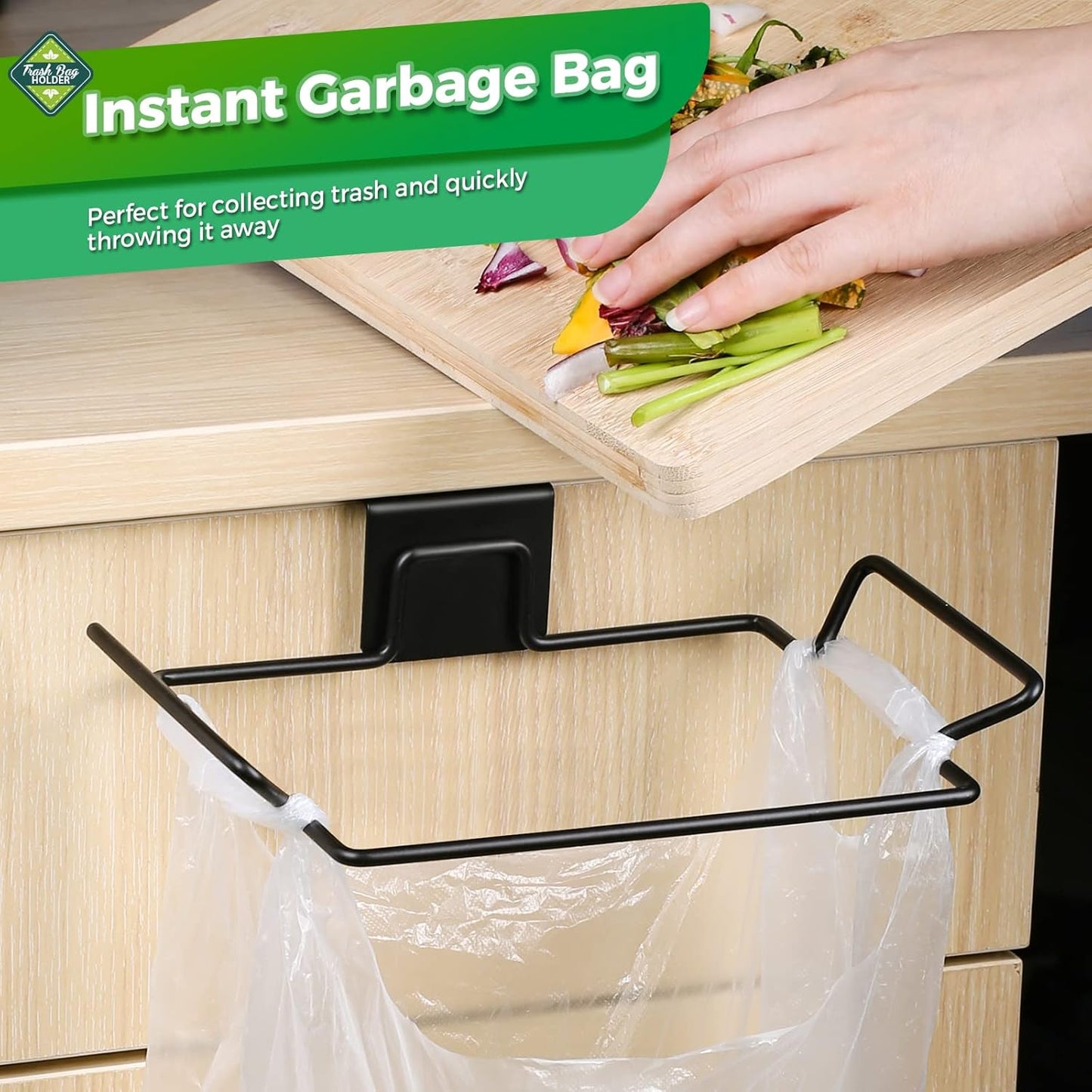 Trash Bag Holder,2 Pack | for Cabinet Door and Cupboards,Stainless Steel,Black,Plastic Bag Holder under Sink,Use for Kitchen,Bathroom,Camper