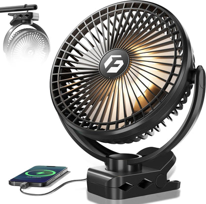 FRIZCOL 20000mAh 8 Inch Portable Clip On Fan,Battery Operated Golf Cart Fan with Lights, USB Fans Small Desk Fans Personal Quiet Fans for Office Stroller Bedroom and Camping