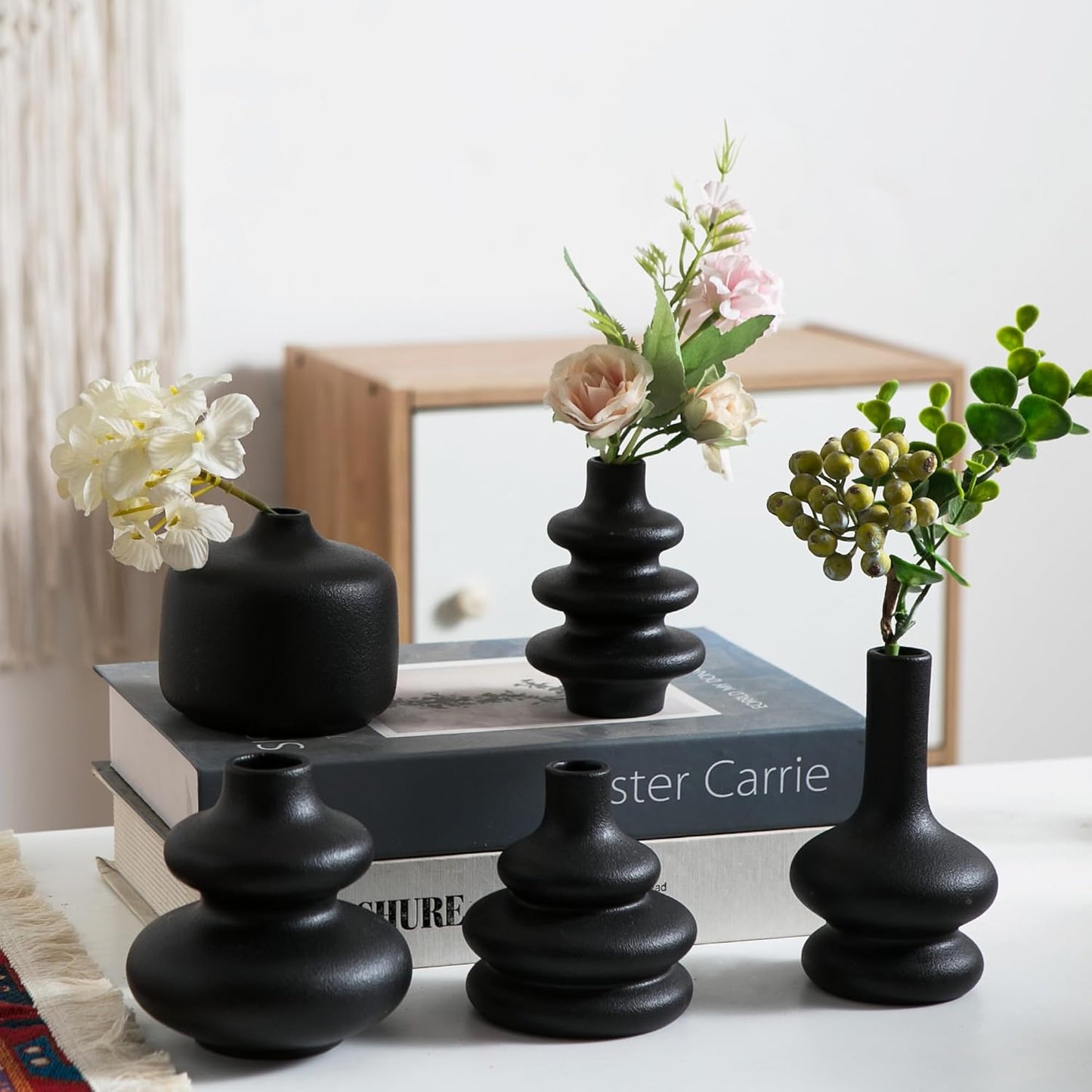 Small White Ceramic Vases Set of 5, Mini Decorative Boho Vases for Flower, Wedding & Home Decor