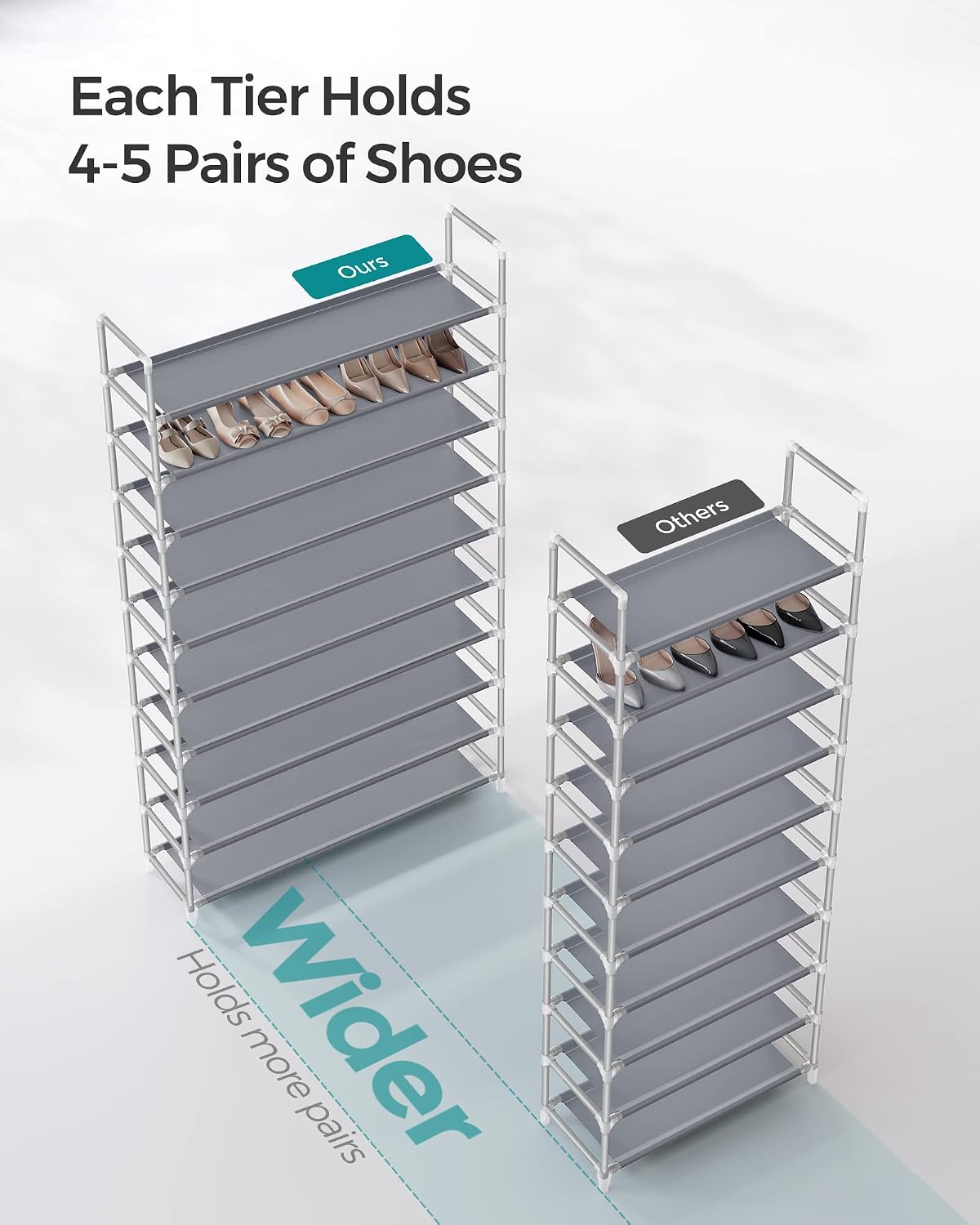 SONGMICS Shoe Rack, 10-Tier Shoe Shelf, Shoe Storage Organizer, 11 x 17.7 x 68 Inches, Metal Frame, Non-Woven Fabric Shelves, for Entryway, Bedroom, Black ULSH010B02