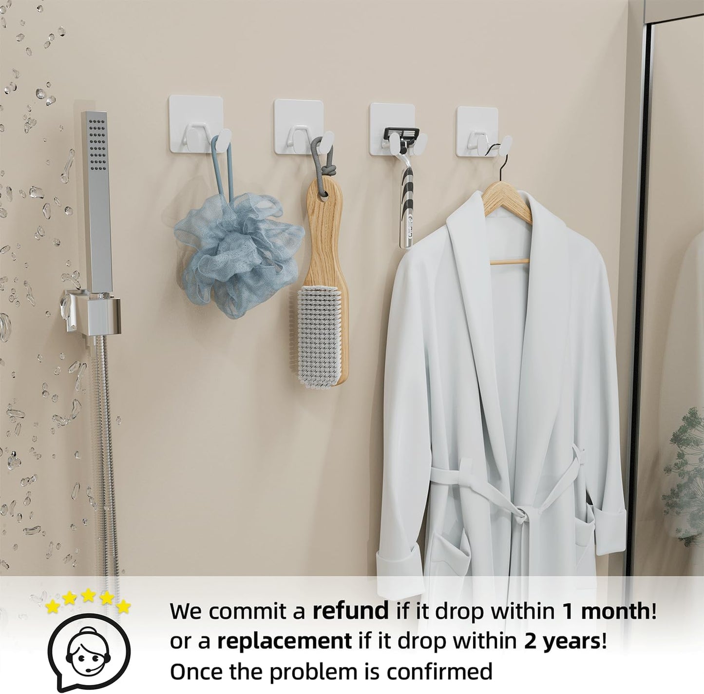 susswiff Shower Hooks for Inside Shower - Extra Sticky Stainless, Razor Holder Accessories, Wall Mounted Self-Adhesive Double Hooks for Razor, Loofah, Towel, Shaver, Coat, Key, Silver 6 Pack