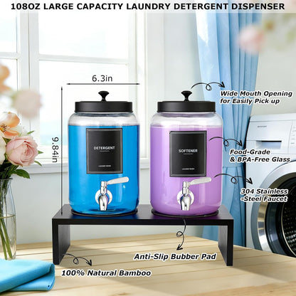 Glass Laundry Detergent Dispenser with Bamboo Shelf, 108oz Liquid Dispensers with Stainless Steel Tap, Large Reusable Softener Soap Containers with Stand for Washer Room Organization