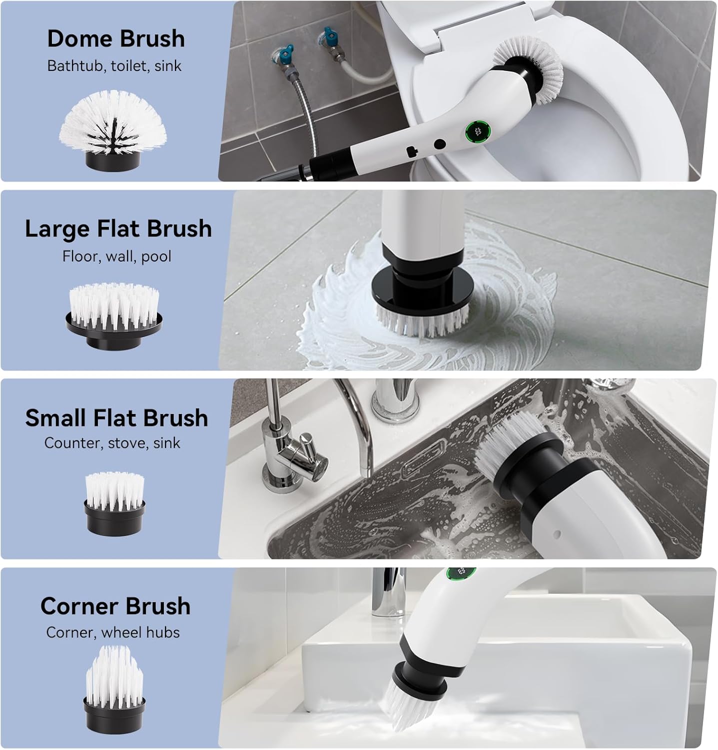 Electric Spin Scrubber, Cordless Cleaning Brush Scrubber with Battery LCD Display for Bathroom, Kitchen and Home, Adjustable Extension Handle, Full Body Waterproof IPX7, 8 Replaceable Brush Heads