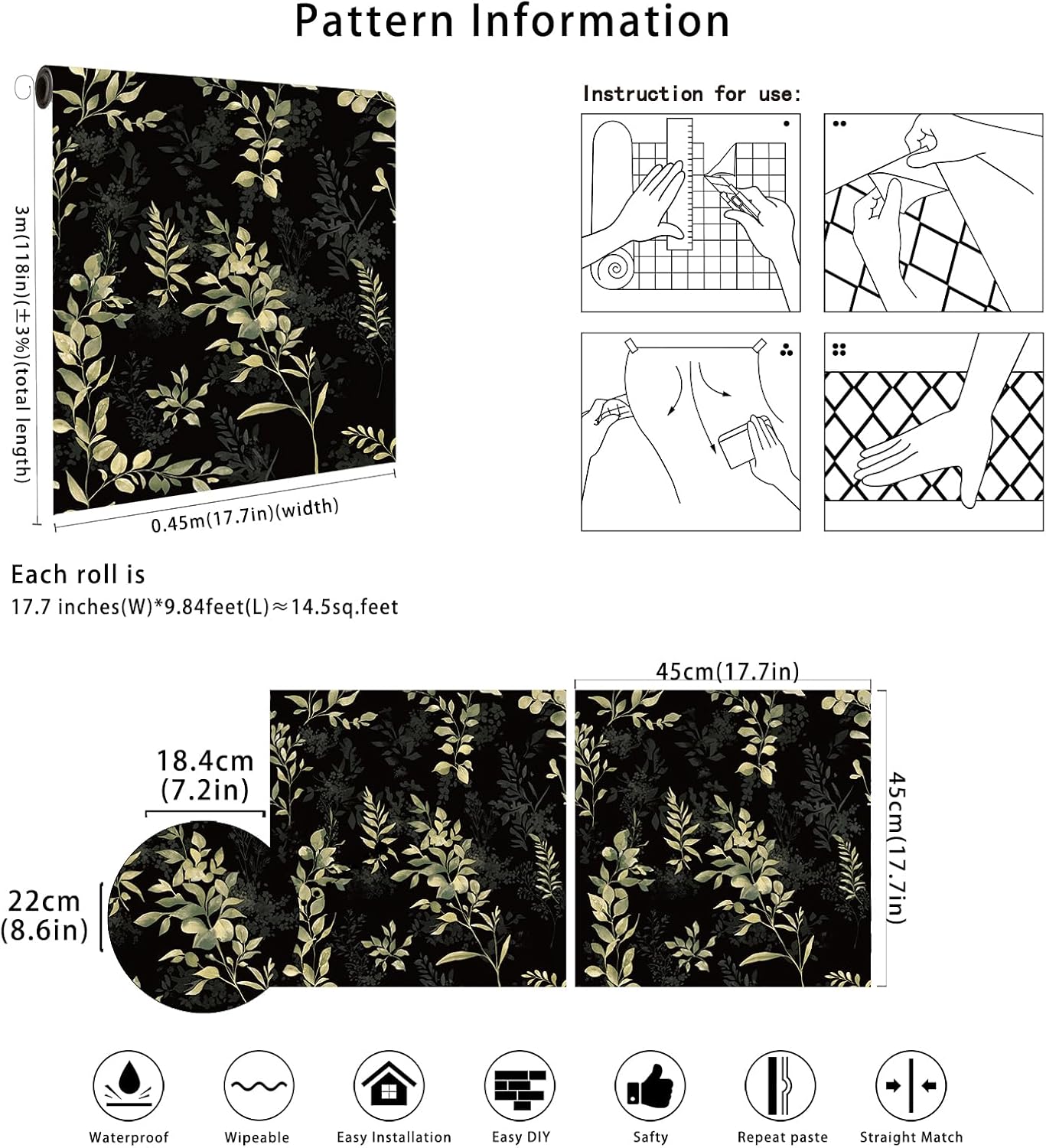 Floralplus Peel and Stick Wallpaper Boho Leaf Removable Wallpaper for Bathroom Renter Leaf Contact Paper for Locker Shelf Liner Vinyl Adhesive Wallpapers Wall Mural Decor 17.5 in x 118 in