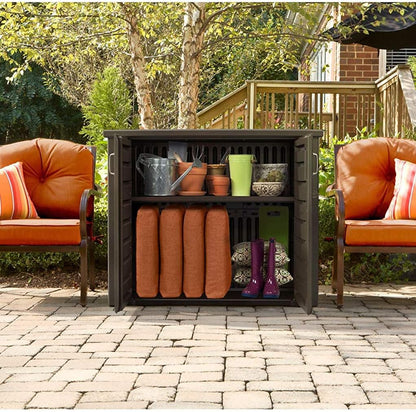 Rubbermaid Decorative Outdoor Storage Cabinet (123 Gal), Weather Resistant, Brown, Organization for Home/Backyard/Pool Chemicals/Toys/Garden Tools/Porch/Patio Cushions