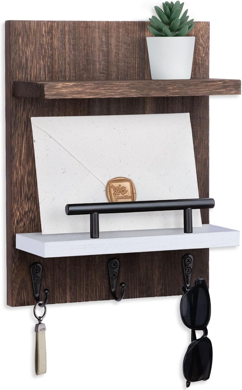 Key Holder Wall Mount, Mail Shelf Decor with 3 Key Hooks, Versatile Wood Wall Organizer for Entryway Hallway (8.2” x 10.6”x 3.6”) (White)