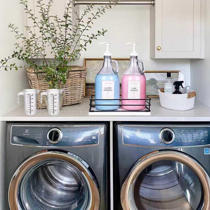 Glass Laundry Detergent Dispenser,1 Gallon Large Liquid Soap 2 Pack(Gold) | Complete borosilicate jars set with leakproof spigots, protective silicone mats, minimalist labels, and dosing cups