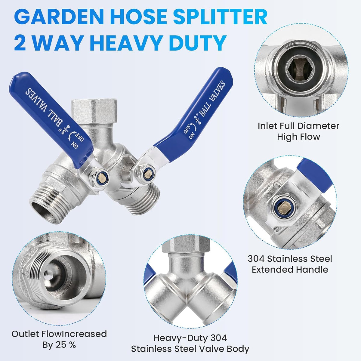 2 Way Garden Hose Splitter, 304 Stainless Steel Full Flow Y Valve with Long Blue Handle, Lead-Free 3/4" GHT Thread Hose Connector for Outdoor Faucet, Independent Shut Off Valves