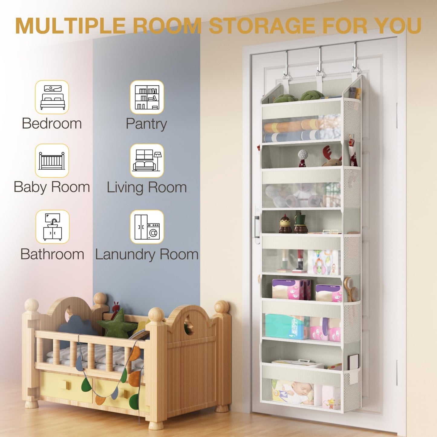 Over the Door Organizer with 5 Front & 10 MeshSide Pockets, 50LB Capacity Extra Large Nursery & Bathroom Hanging Storage Organizer Multi-Room Space-Saving Designwith 3 Hook for Kitchen, Pantry,Grey